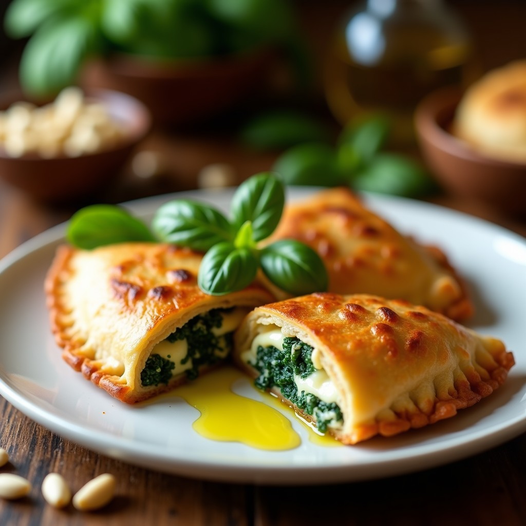 Empanadillas doradas y crujientes de espinacas y queso de búfala servidas en una fuente de cerámica blanca, con un toque cremoso visible al cortarlas, acompañadas de hojas de albahaca fresca y un chorrito de aceite de oliva virgen extra.