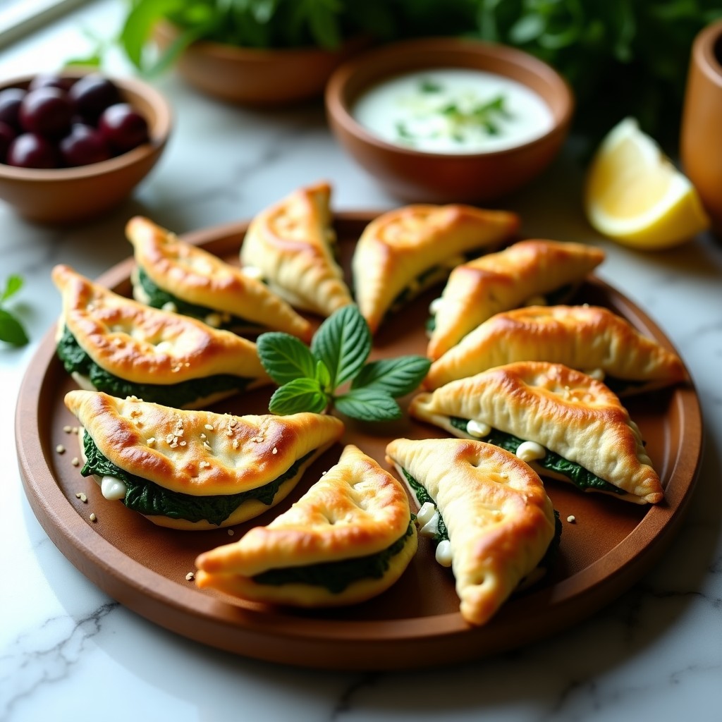 Empanadillas doradas y crujientes de espinacas y queso feta en masa de yogur griego, servidas en una bandeja rústica con hierbas frescas y rodajas de limón. Receta de aperitivo griego rápido y saludable.