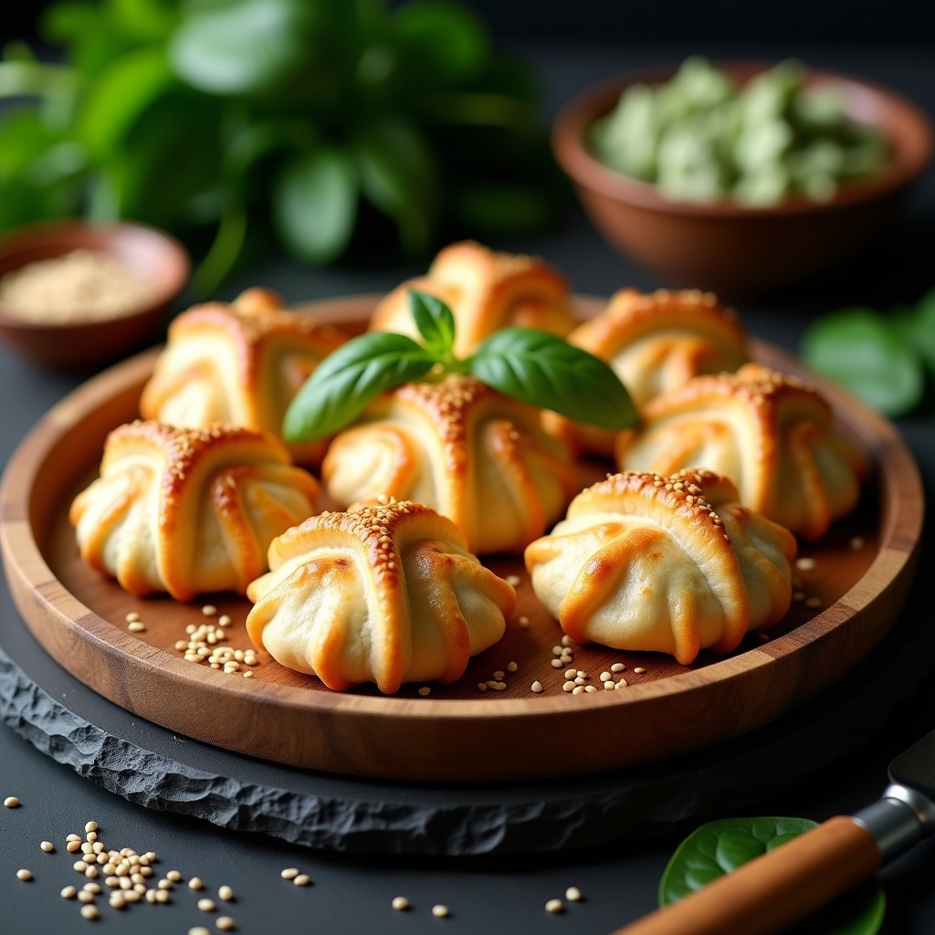 Empanadillas doradas y crujientes de masa de arroz rellenas de espinacas y tofu sedoso, servidas en una bandeja de madera con hierbas frescas. Receta sin gluten en Thermomix.