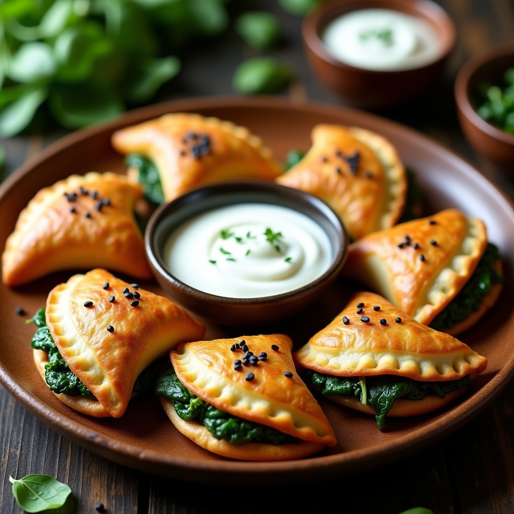 Empanadillas doradas y crujientes de espinacas y tofu umami en airfryer, con semillas de sésamo negro, servidas en plato de madera con dip de yogur.