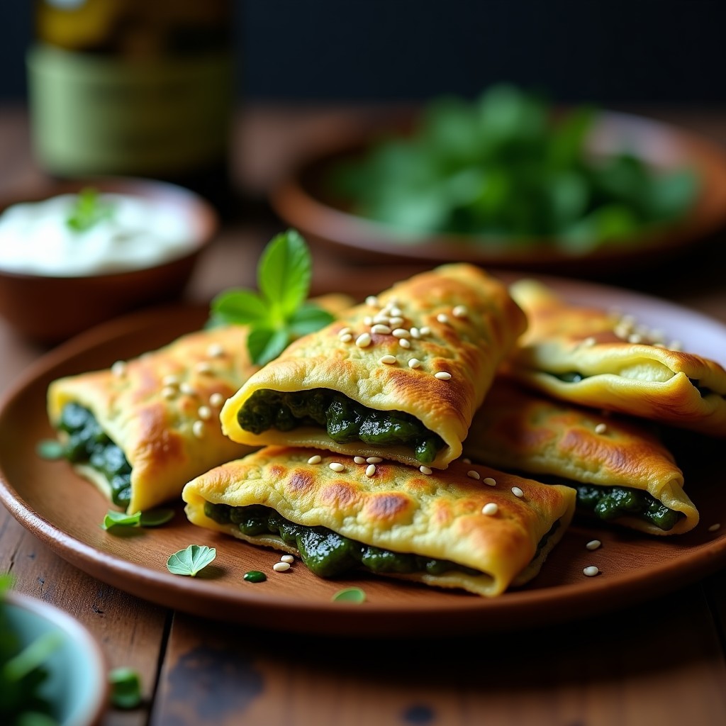 Empanadillas doradas y crujientes de espirulina y champiñones en airfryer, con semillas de sésamo, servidas en un plato de madera sobre fondo oscuro. Aperitivo vegano alto en proteína.