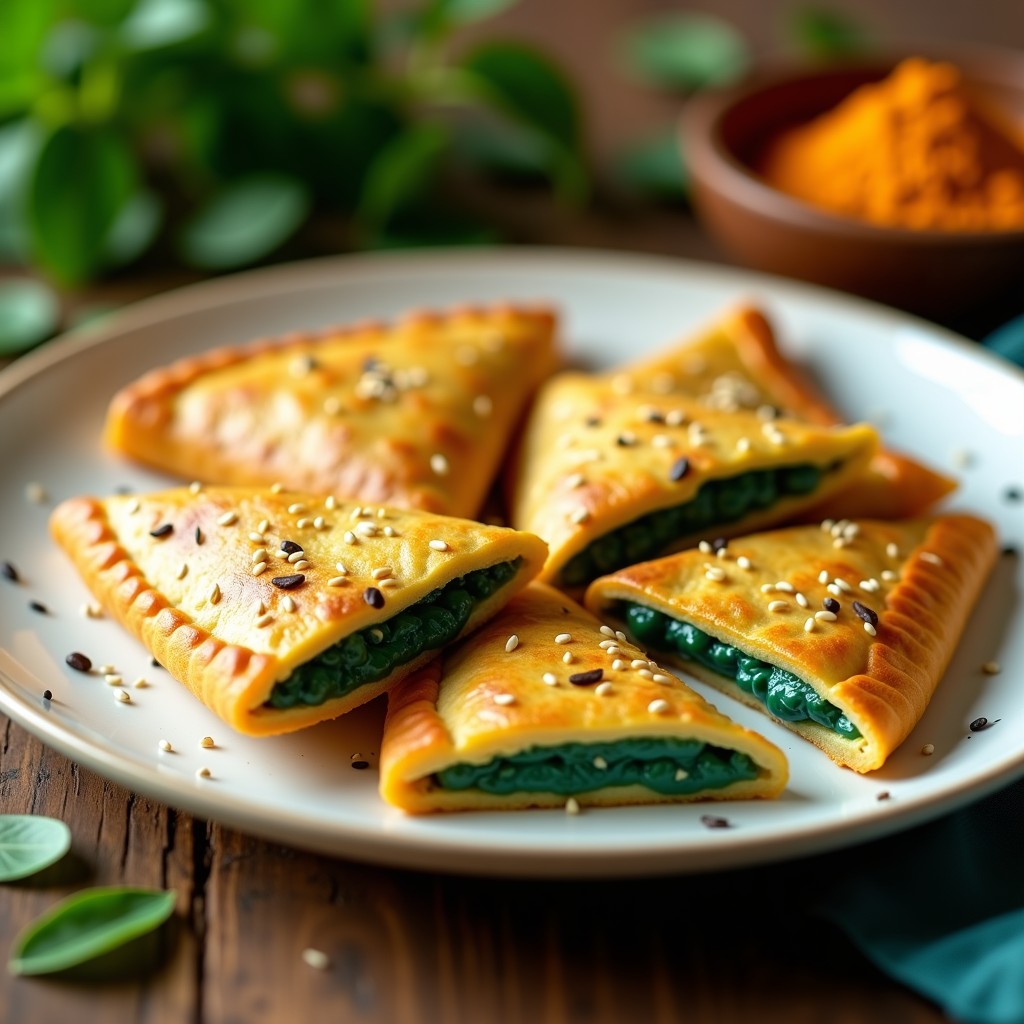 Empanadillas doradas y crujientes rellenas de queso de cúrcuma de color amarillo vibrante y espirulina verde, dispuestas en una fuente de madera con hierbas frescas alrededor. Receta vegana de empanadillas de espirulina y queso de cúrcuma en airfryer.