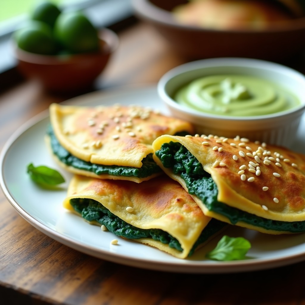 Empanadillas doradas y crujientes de espirulina y queso vegano, recién hechas en Airfryer, con semillas de sésamo en la superficie, servidas sobre un plato de madera con hierbas frescas y salsa de yogur vegano al lado.