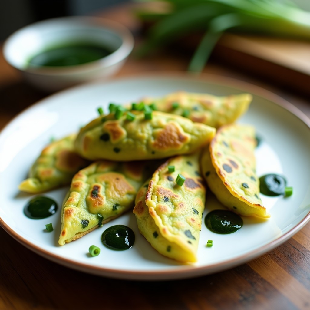 Empanadillas doradas de espirulina y queso vegano servidas en plato blanco con salsa de algas nori verde oscuro, decoradas con cebollino fresco. Receta sin gluten en Thermomix.