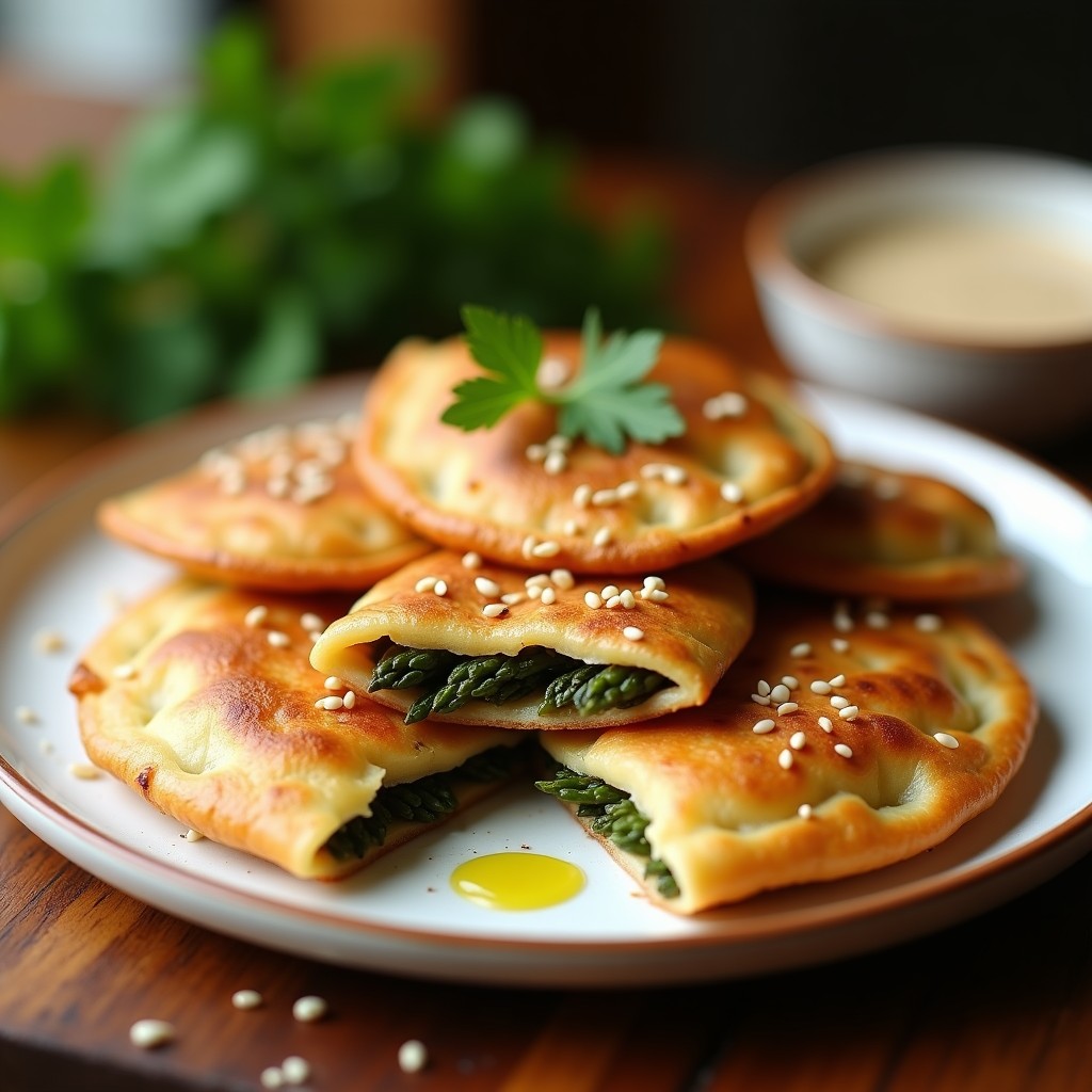 Empanadillas doradas y crujientes de garbanzo y espárragos con hojas de higo, servidas en un plato blanco rústico con semillas de sésamo visibles, receta árabe en airfryer.