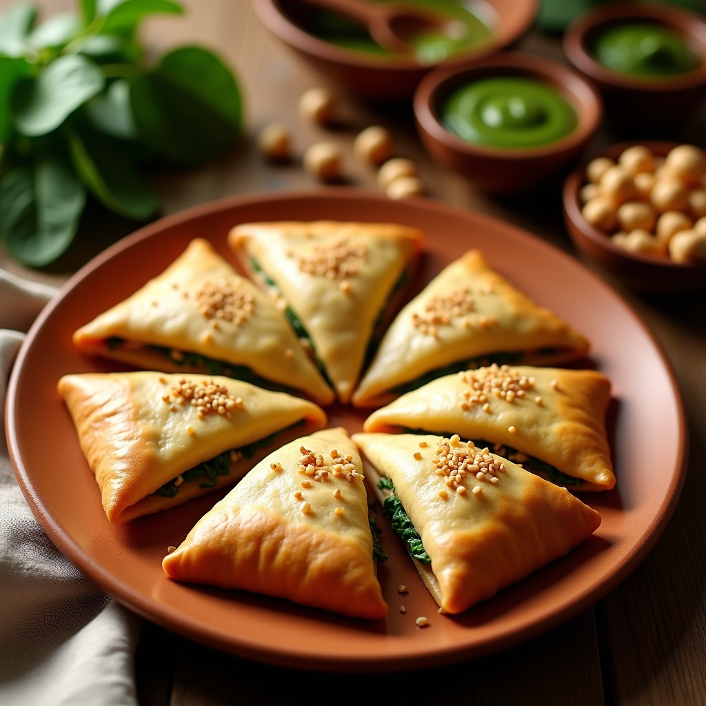 Empanadillas veganas canarias de garbanzo y espinaca con masa dorada de harina de socorro, espolvoreadas con semillas de sésamo, servidas en plato de barro rústico con mojo verde al lado.