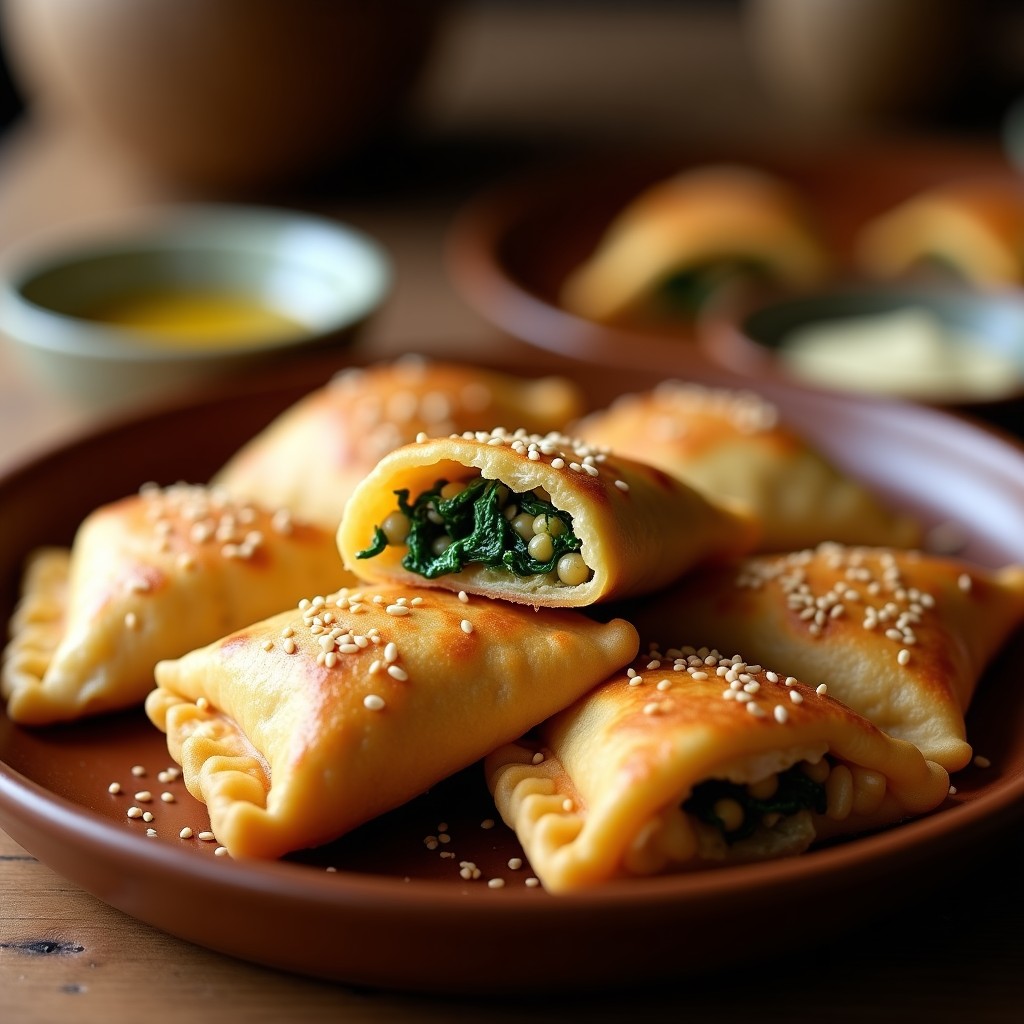 Empanadillas marroquíes veganas de garbanzo y espinaca con masa de sémola dorada, decoradas con semillas de sésamo, dispuestas en una bandeja rústica de barro sobre un mantel de lino. Plato crujiente y especiado, ideal como aperitivo saludable.