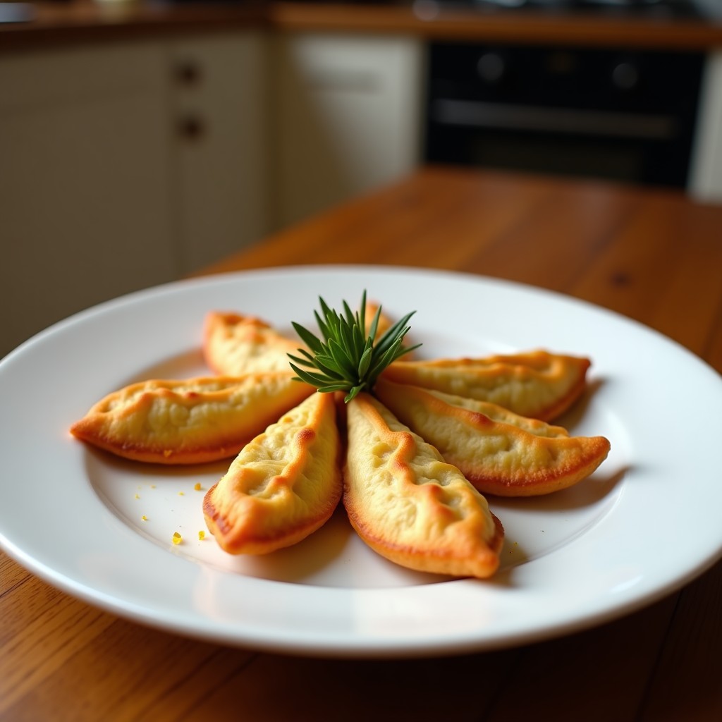 Empanadillas doradas y crujientes de queso halloumi y higos en airfryer, con toque mediterráneo, decoradas con láminas de higo fresco, miel de tomillo y hojas de menta sobre fondo rústico de madera.