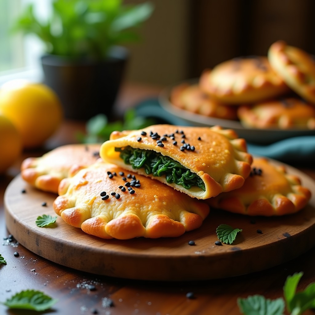 Empanadillas doradas y crujientes de harina de almendra rellenas de espinacas y limón confitado, servidas en una fuente de madera con semillas de sésamo negro. Receta keto en Airfryer.