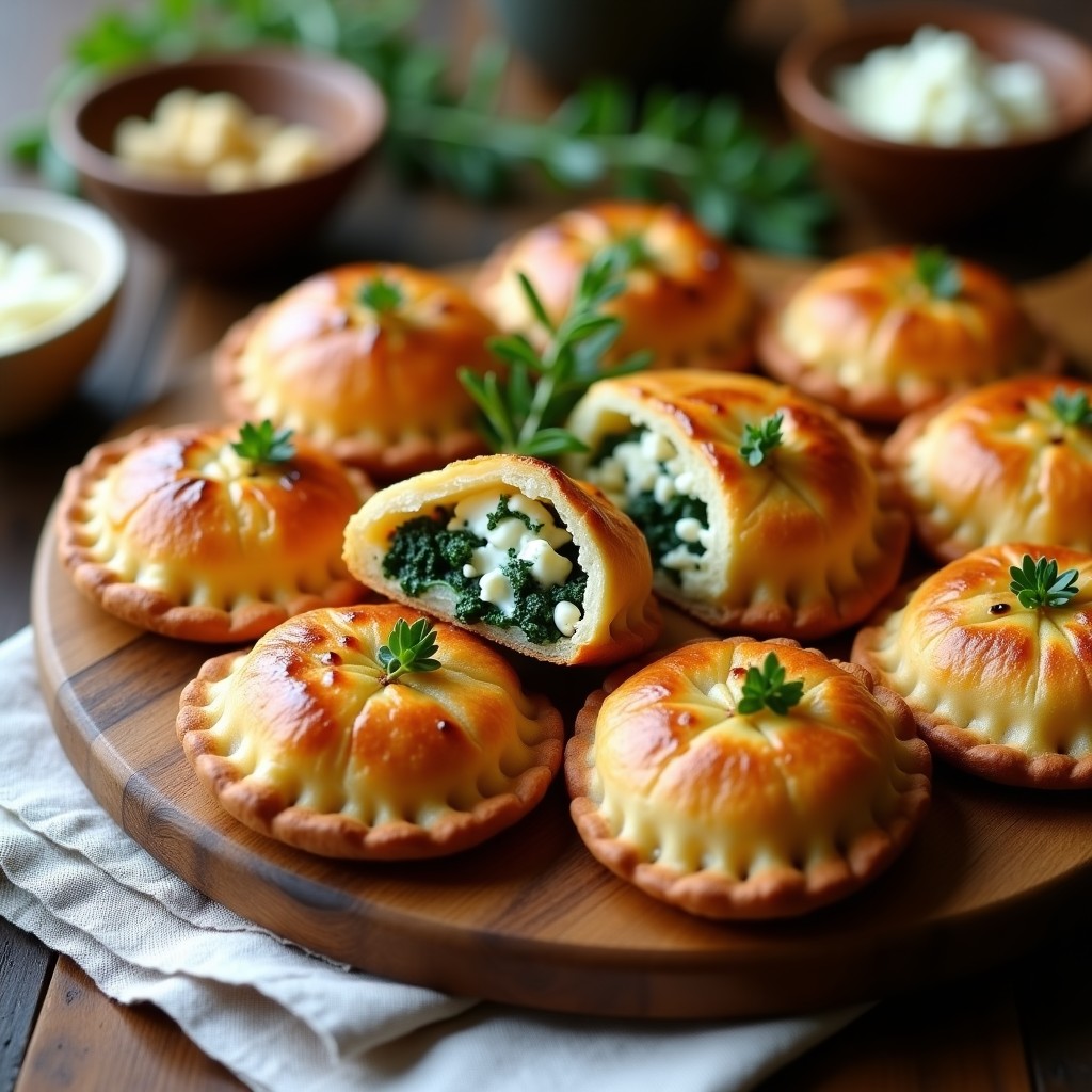Empanadillas doradas y crujientes de harina de castaña rellenas de espinacas y queso de cabra, servidas en una bandeja de madera rústica con semillas de sésamo. Receta francesa sin gluten.