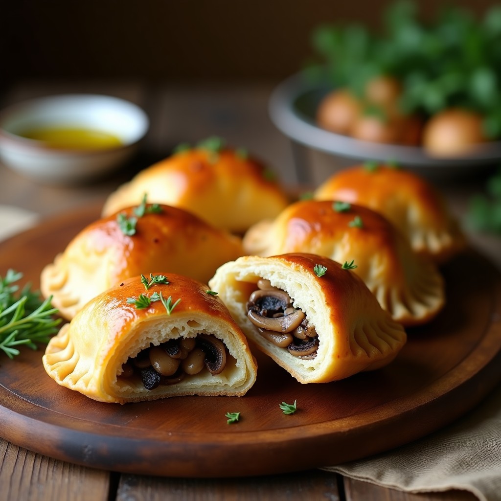 Empanadillas doradas y crujientes de harina de castaña rellenas de setas shitake, con un toque de perifollo fresco, sobre bandeja de madera rústica. Receta española sin gluten en Thermomix.