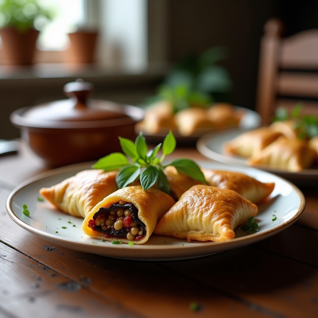 Empanadillas doradas y crujientes de harina de garbanzo rellenas de berenjena asada, con semillas de sésamo por encima, servidas en una bandeja de madera rústica con hierbabuena fresca como decoración. Aperitivo mediterráneo sin gluten.