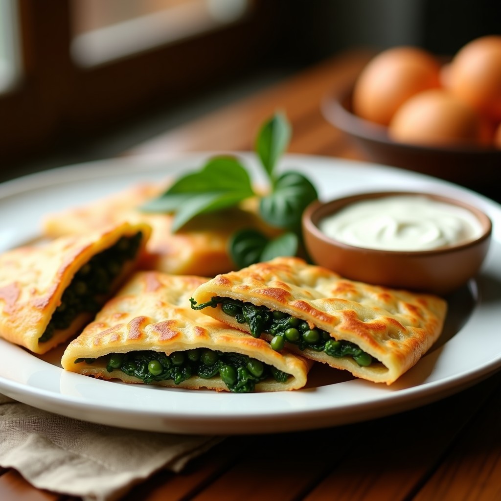 Empanadillas doradas y crujientes de harina de guisantes rellenas de espinacas y piñones, servidas en un plato de cerámica blanca con una salsa cremosa al lado, receta española sin gluten en airfryer.