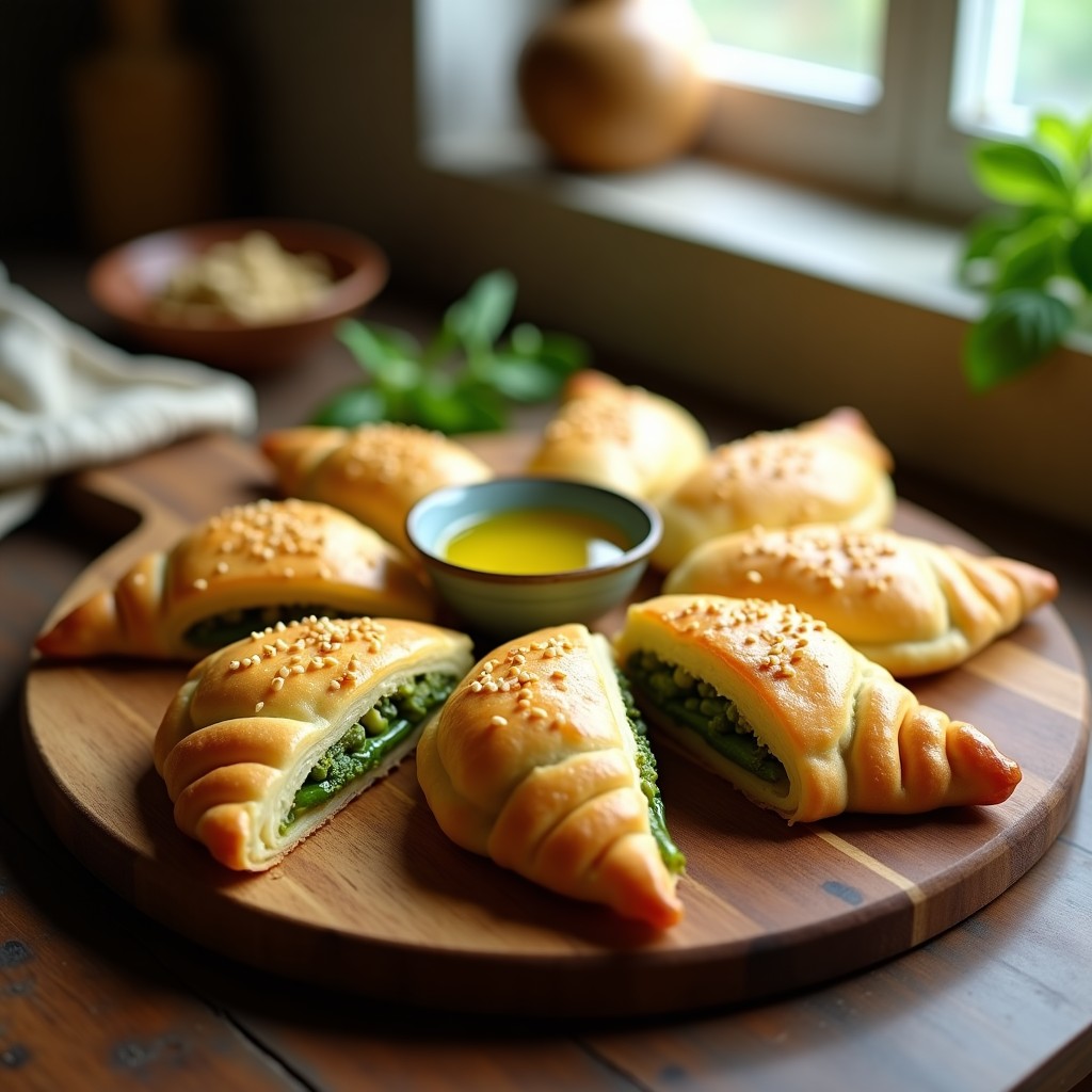 Empanadillas doradas de masa de hojaldre rellenas de pesto verde de espárragos y nueces, servidas en bandeja de madera con hierbas frescas y virutas de parmesano, receta italiana en Airfryer.