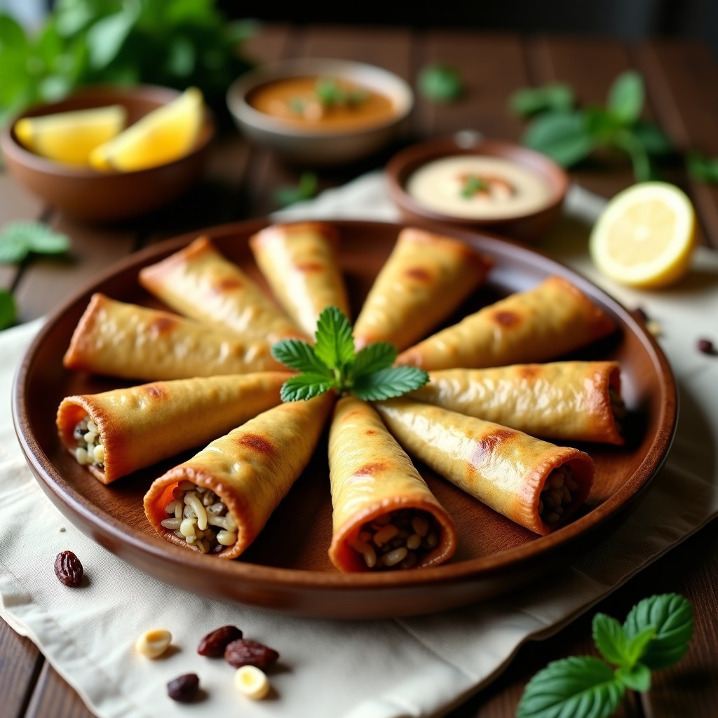 Empanadillas doradas de hojas de parra rellenas de arroz salvaje, anacardos y pasas, dispuestas en una bandeja de madera rústica con hierbas frescas y limones al fondo, receta vegana de Oriente Medio.