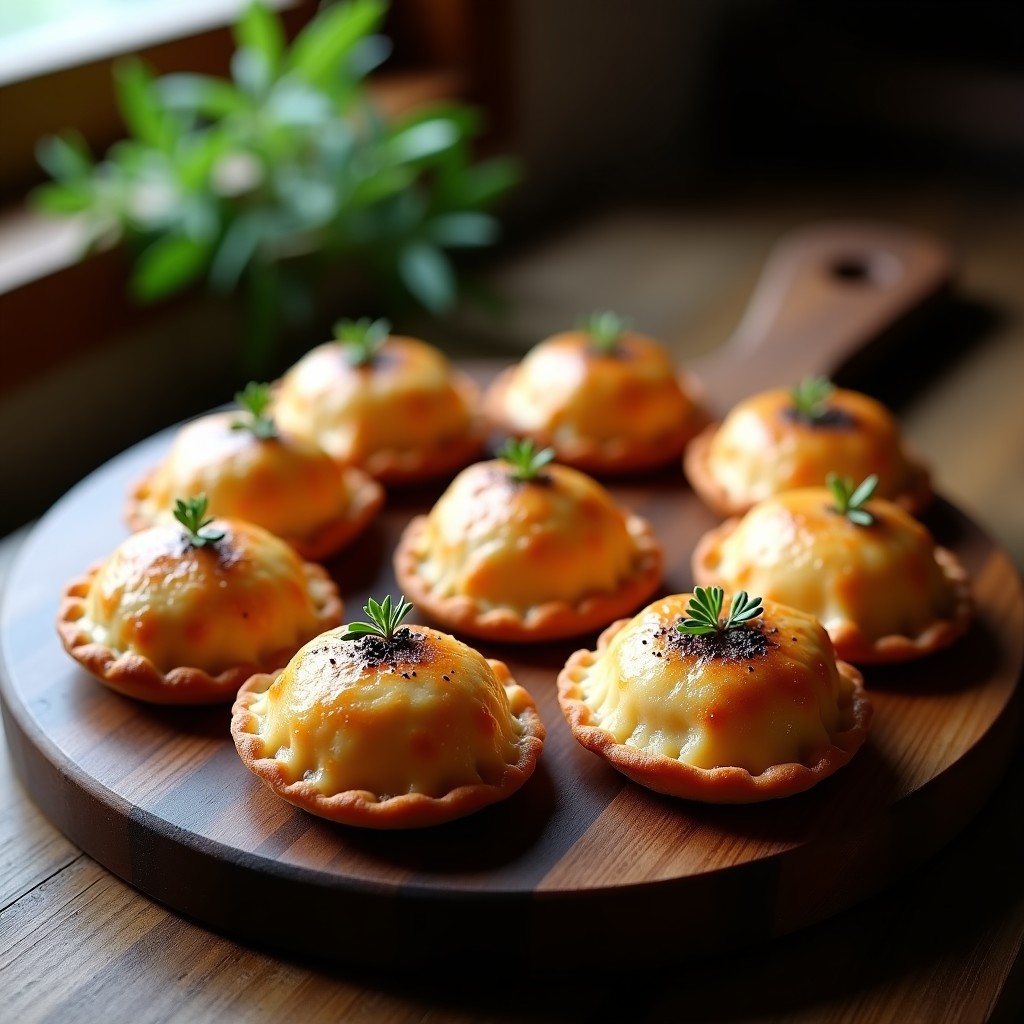 Empanadillas doradas y crujientes de masa hojaldrada sin gluten rellenas de hongos ostra y trufa negra, servidas en una fuente de cerámica blanca con cebollino fresco espolvoreado y un fondo borroso de cocina francesa elegante.