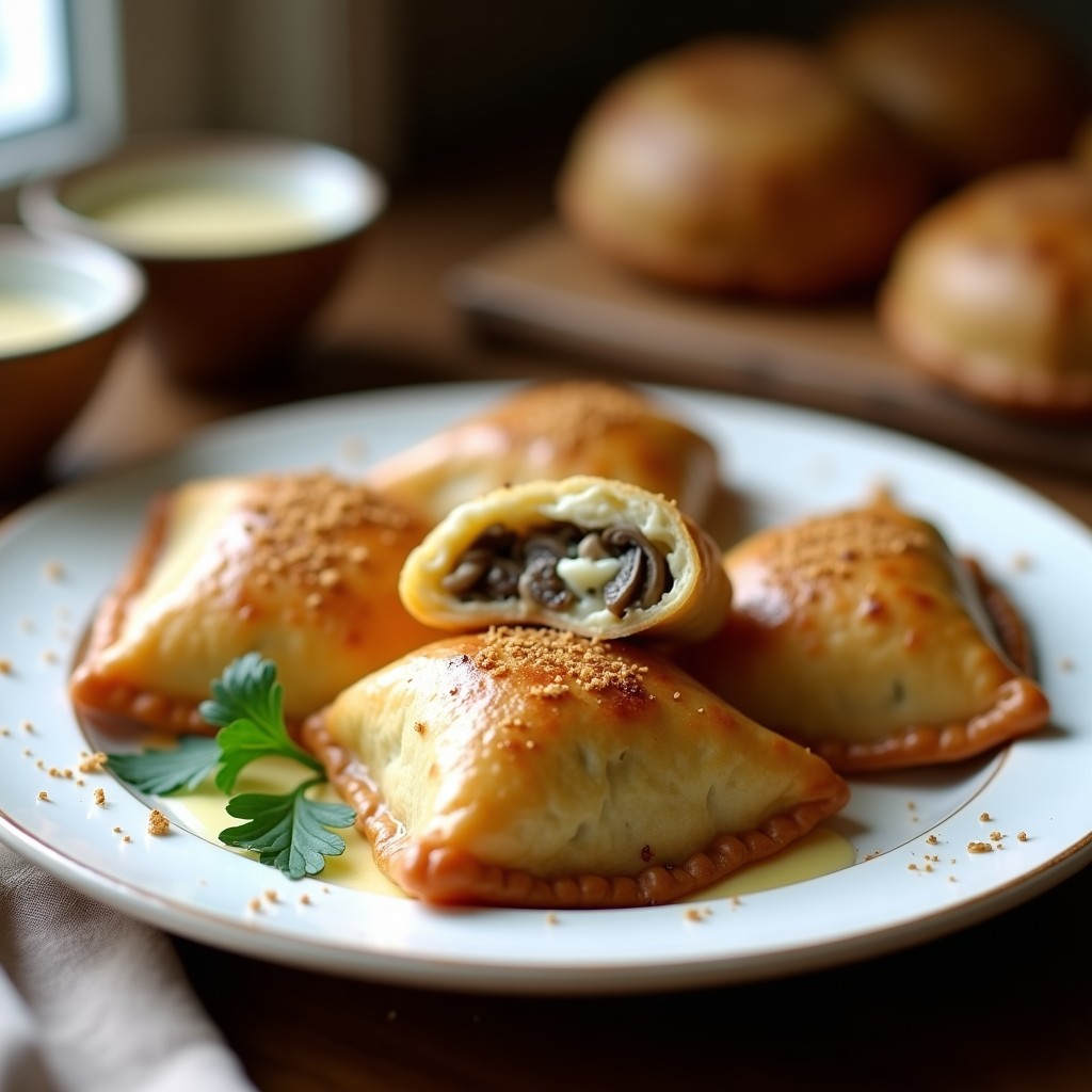 Empanadillas doradas rellenas de hongos portobello y queso de cabra, dispuestas en un tupper transparente sobre fondo de madera. Receta de empanadillas de hongos portobello y queso de cabra en olla rápida.