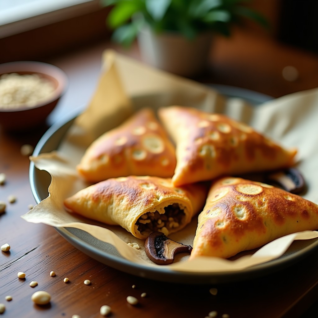 Empanadillas doradas y crujientes de hongos shiitake y queso de cashew sobre papel de horno, con bordes perfectamente sellados y un relleno cremoso visible en el corte. Receta sin gluten en airfryer.