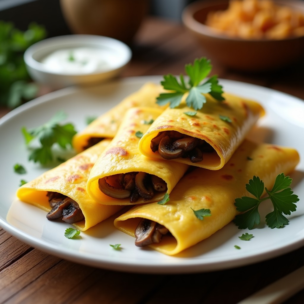 Empanadillas doradas de maíz azul rellenas de champiñones portobello, con bordes bien sellados y un brillo suave por el aceite de oliva, servidas en un plato de barro con hierbas frescas al fondo. Receta vegana en olla exprés.