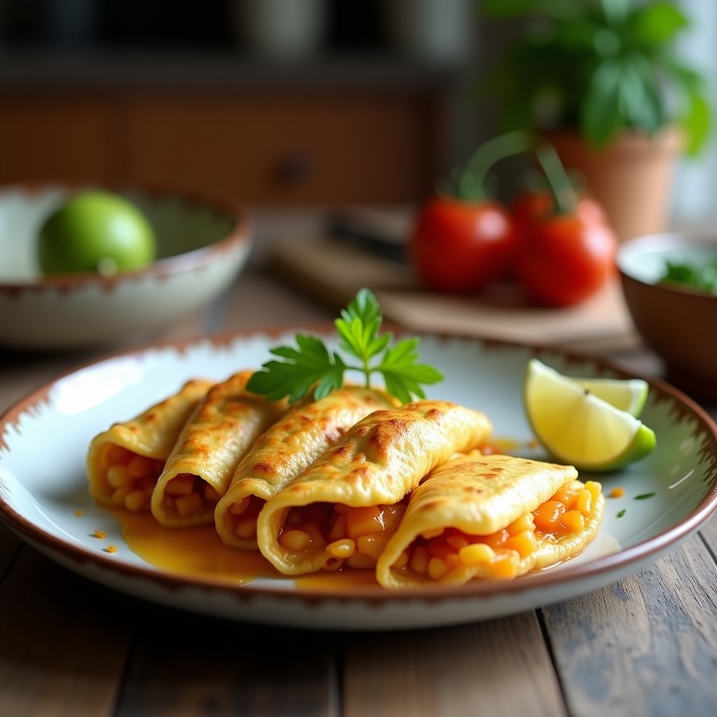 Empanadillas doradas de maíz azul con bordes repulgados, rellenas de plátano macho maduro y queso vegano derretido, servidas en un plato de barro con hojas de cilantro y salsa de ají al lado. Receta colombiana vegana y sin gluten.