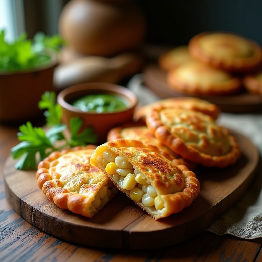 Empanadillas doradas de maíz y corazón de alcachofa servidas en un plato de madera rústico, con un fondo borroso de hierbas frescas y aceite de oliva. Receta argentina crujiente hecha en airfryer.