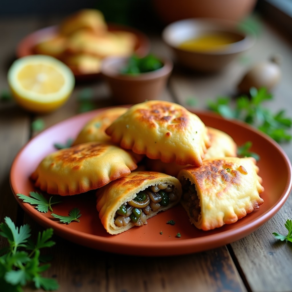 Empanadillas de maíz morado doradas y crujientes rellenas de champiñones Portobello y pimiento de Padrón, dispuestas en una bandeja de madera rústica con hierbas frescas y una salsa cremosa al lado. Receta española en airfryer.