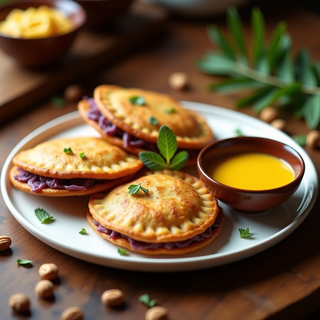 Empanadillas doradas y crujientes de maíz morado rellenas de queso de anacardos cremoso, servidas en un plato de cerámica blanca con salsa de ají amarillo al lado. Receta peruana vegana en airfryer.