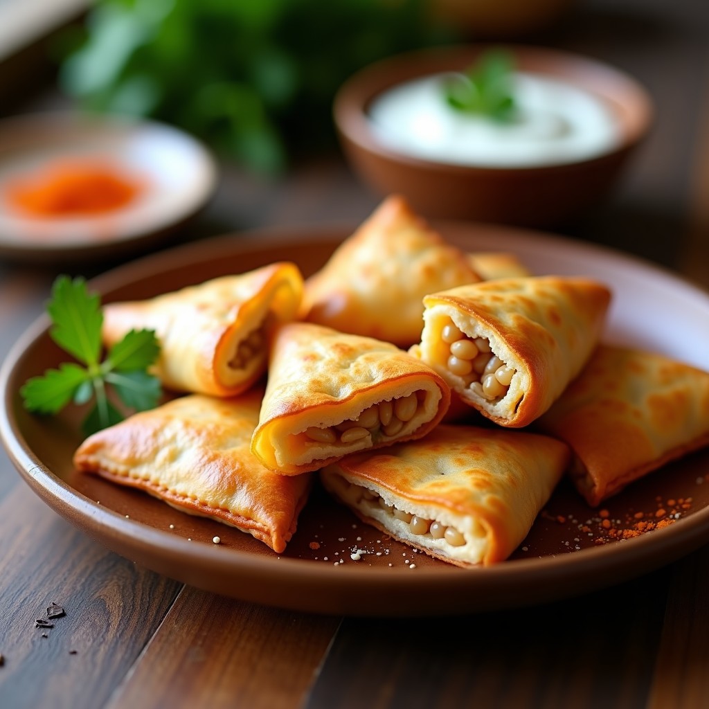 Empanadillas doradas y crujientes de maíz morado rellenas de queso de castaña, dispuestas en un plato de madera con hojas de perejil fresco. Receta vegana de aperitivo español cocinado en airfryer.