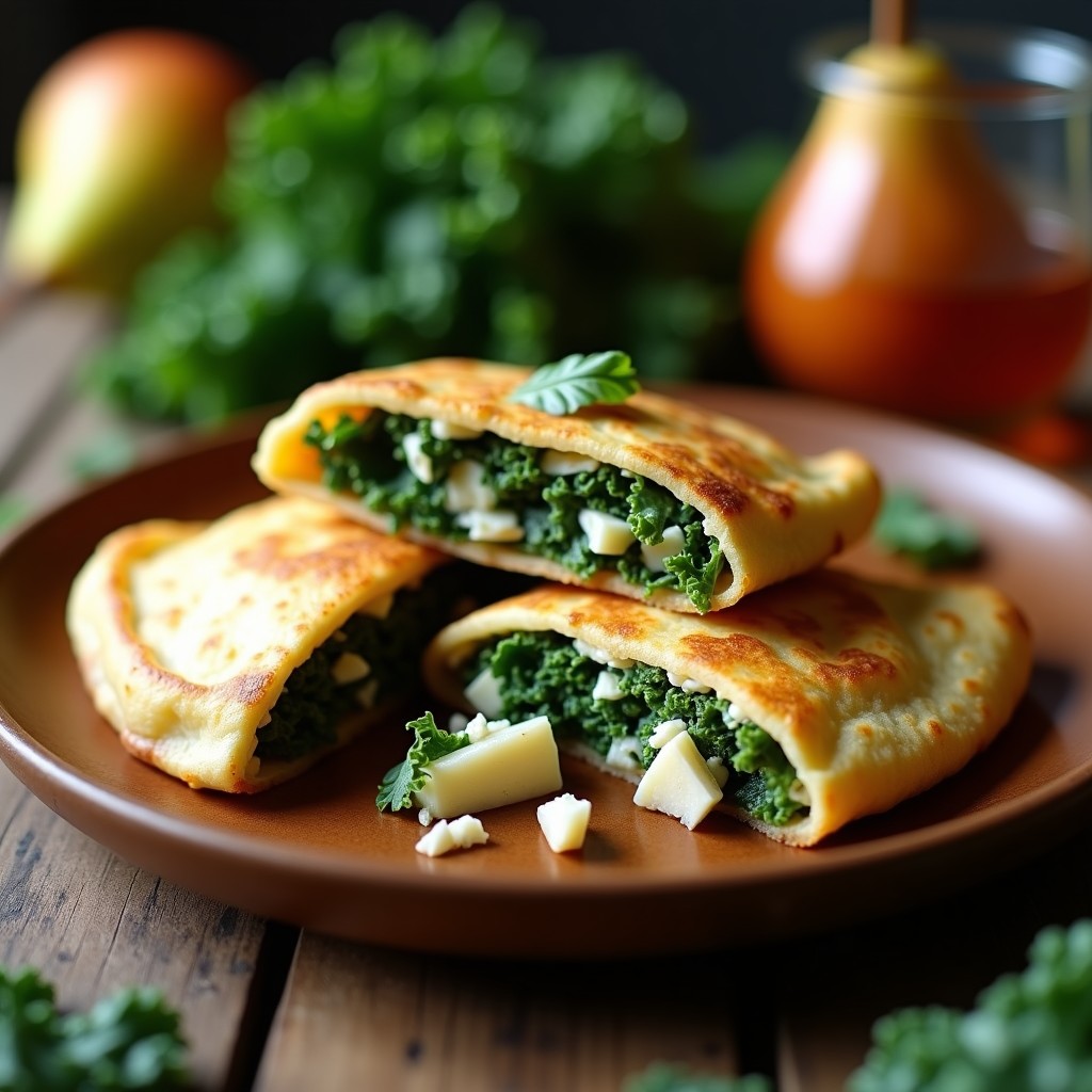 Empanadillas doradas y crujientes de masa de col rizada abiertas por la mitad, mostrando el relleno cremoso de queso azul y peras caramelizadas, servidas en un plato de madera rústico con un fondo de hoja verde.
