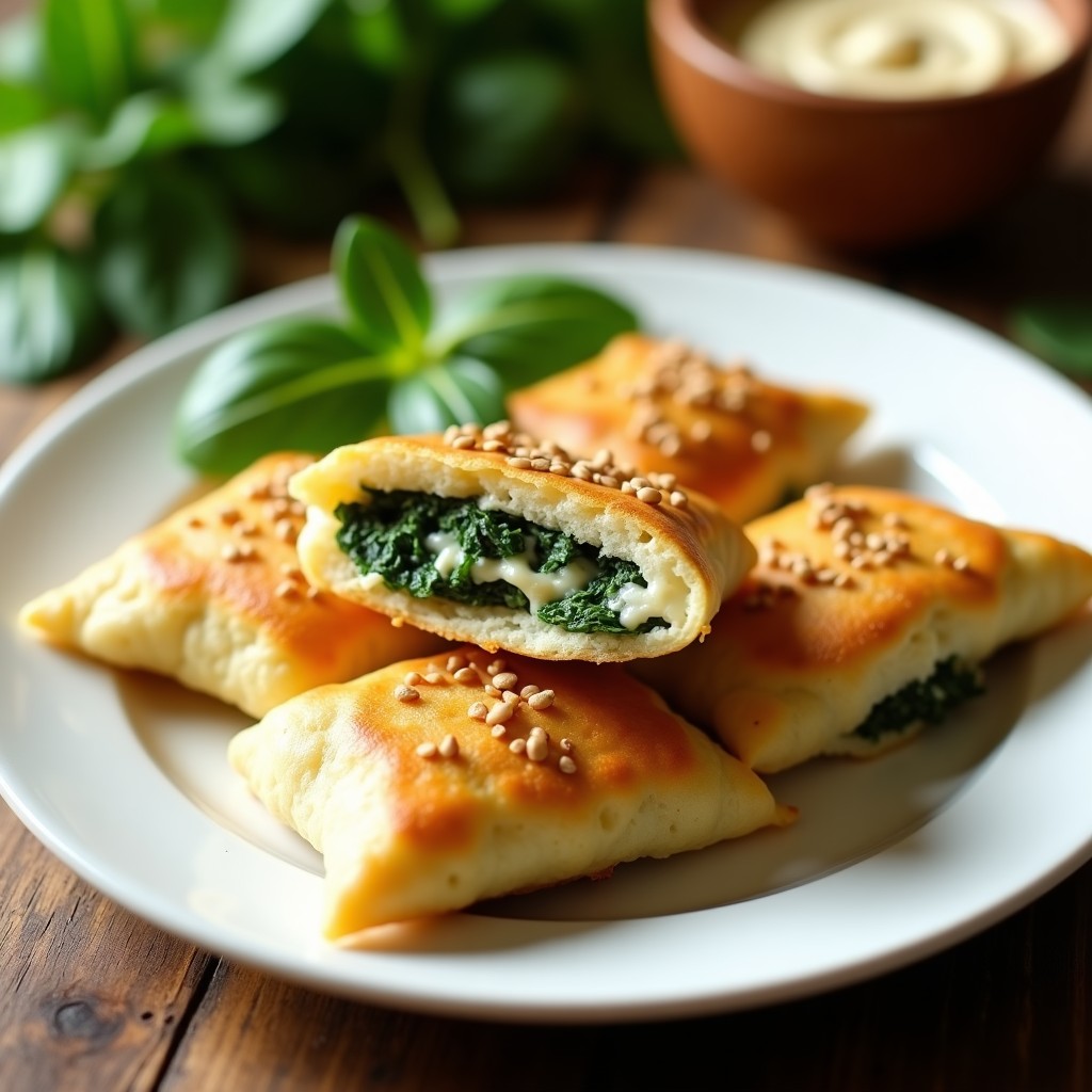 Empanadillas doradas y crujientes de masa de coliflor rellenas de espinacas y queso vegan, servidas en un plato blanco con semillas de sésamo por encima y un fondo rústico de madera.