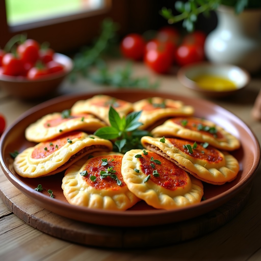 Empanadillas doradas de masa de lentilja con relleno visible de pimientos asados y anchoas, servidas en un plato de cerámica blanca sobre fondo rústico de madera, receta italiana sin gluten.