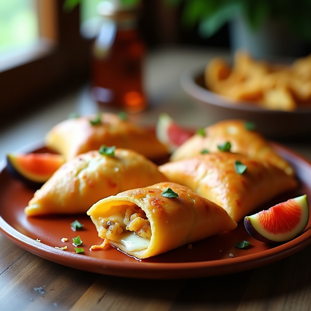 Empanadillas doradas y crujientes de masarepa rellenas de queso de cabra cremoso y higos frescos, servidas en un plato de barro con rodajas de higo y miel. Receta venezolana-española en airfryer, sin gluten y gourmet.