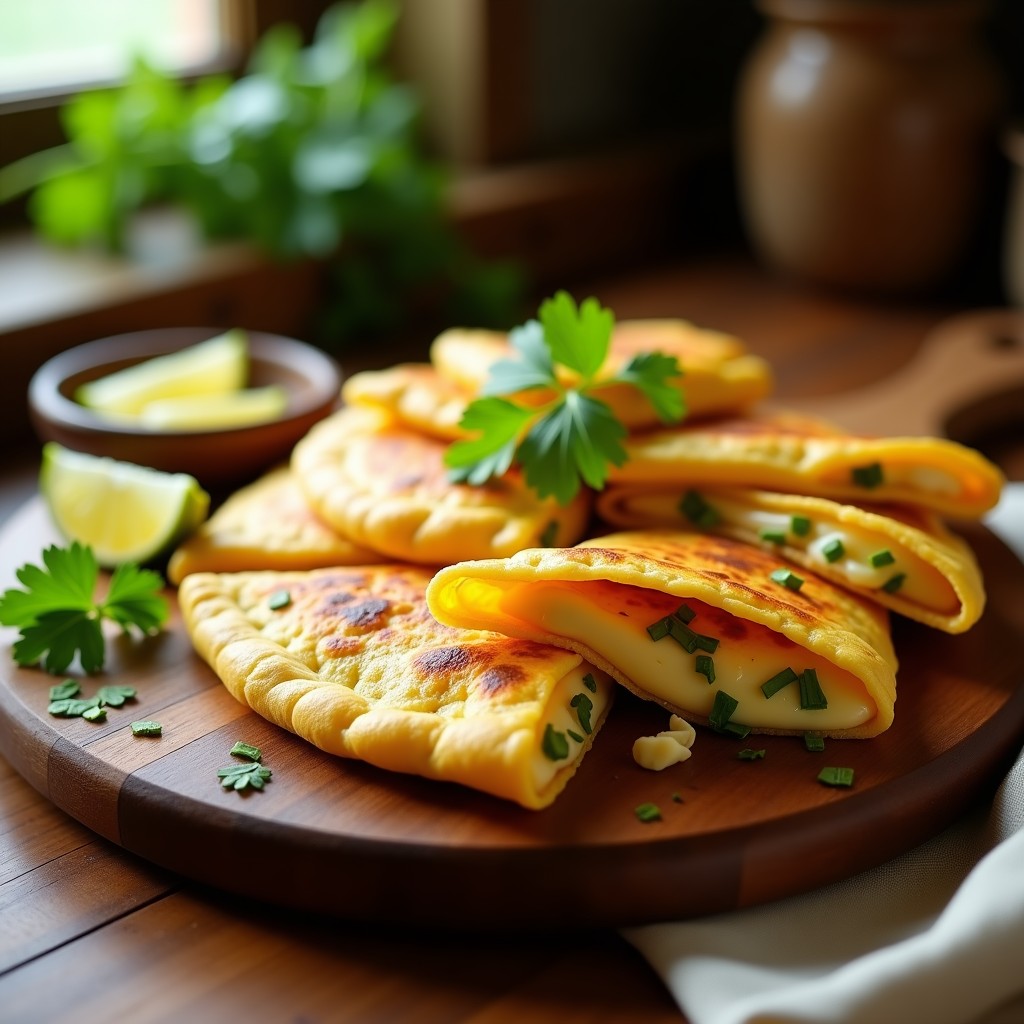 Empanadillas doradas y crujientes de masarepa rellenas de queso vegano cremoso y ají dulce, servidas en una bandeja de madera con hojas de cilantro y rodajas de limón al lado. Receta venezolana en airfryer.