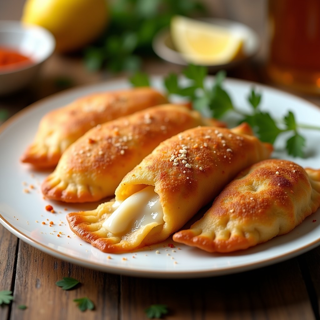 Empanadillas doradas y crujientes de merluza y pimentón de la Vera sobre un plato de cerámica blanca, con un fondo rústico y hierbas frescas. Receta española en airfryer sin masa.