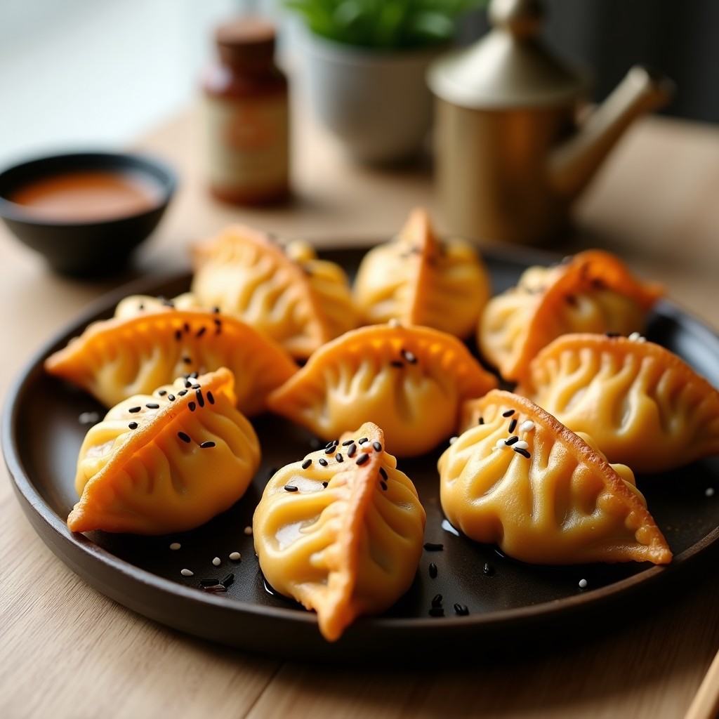 Empanadillas doradas y crujientes en forma de media luna, rellenas de miso y cebolla caramelizada, espolvoreadas con semillas de sésamo negro y cebollino fresco. Plato japonés en Airfryer con fondo de madera rústica y utensilios de cocina tradicionales.