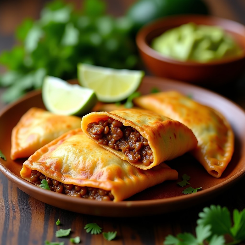 Empanadillas colombianas veganas doradas y crujientes rellenas de picadillo de soja texturizada, dispuestas en un plato de madera rústico con hojas de cilantro y rodajas de limón al lado.