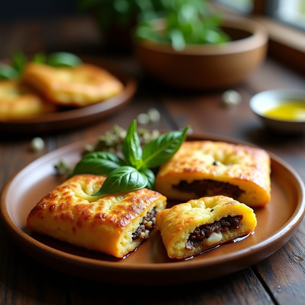 Empanadillas doradas y crujientes de polenta rellenas de berenjena ahumada y queso de cabra, servidas en un plato de madera rústico con hojas de albahaca fresca y un hilo de aceite de oliva. Receta en airfryer sin harina.