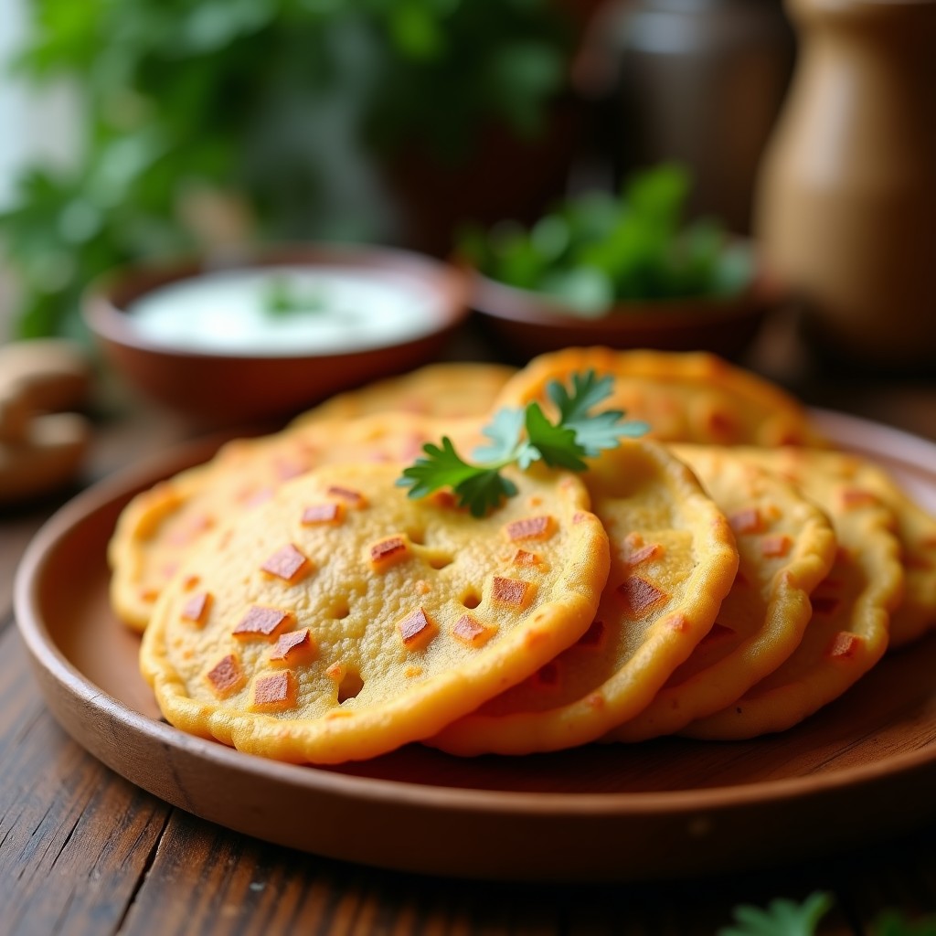 Empanadillas doradas y crujientes de pollo al curry con masa de harina de garbanzo, servidas en un plato de madera con hojas de cilantro y salsa de yogur, receta india sin gluten hecha en airfryer.