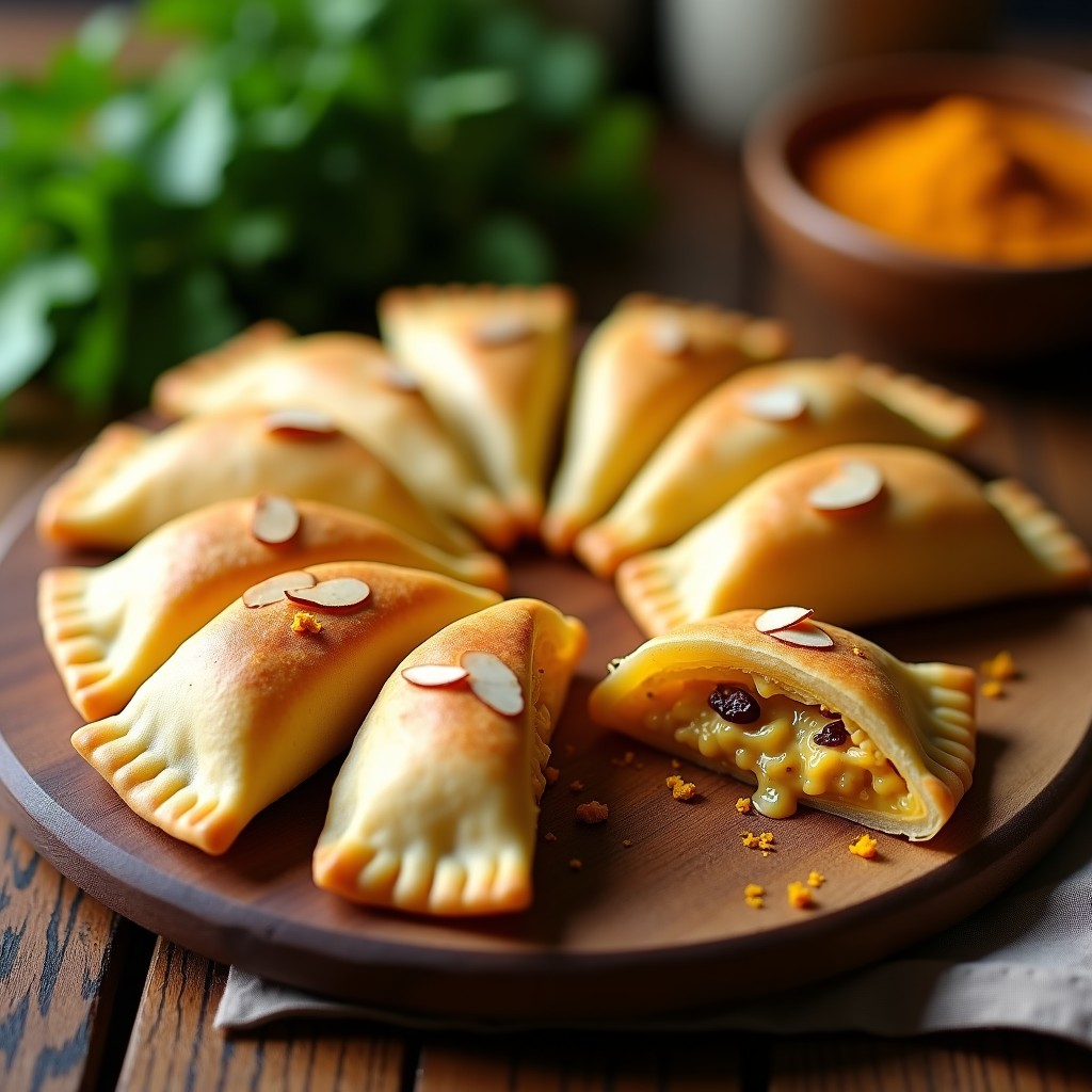 Empanadillas doradas y crujientes rellenas de pollo al curry y pasas, dispuestas en una bandeja de madera con un toque de perejil fresco. Receta argentina en Thermomix ideal para tupper.