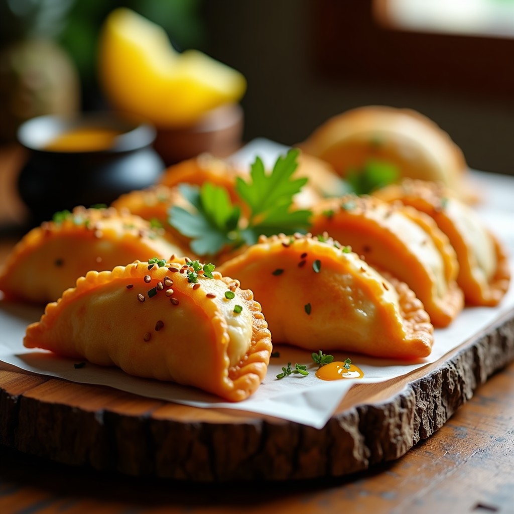 Empanadillas doradas y crujientes de pollo al curry rojo y piña, servidas en un plato blanco con semillas de sésamo, acompañadas de salsa de yogur y miel, receta tailandesa en airfryer.