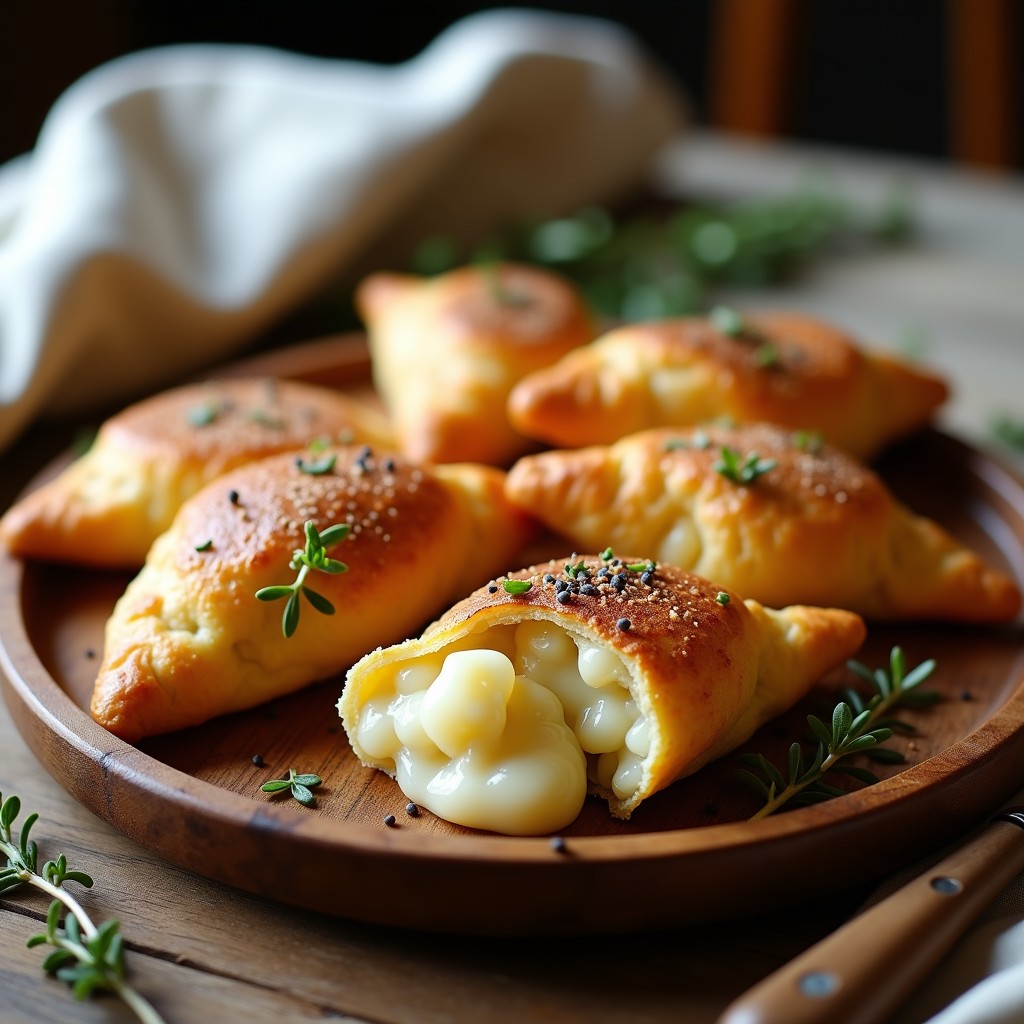 Empanadillas doradas y crujientes de masa de almendra rellenas de puerro caramelizado y gorgonzola cremoso, servidas en una bandeja de madera rústica con hierbas frescas y un toque de pimienta negra.