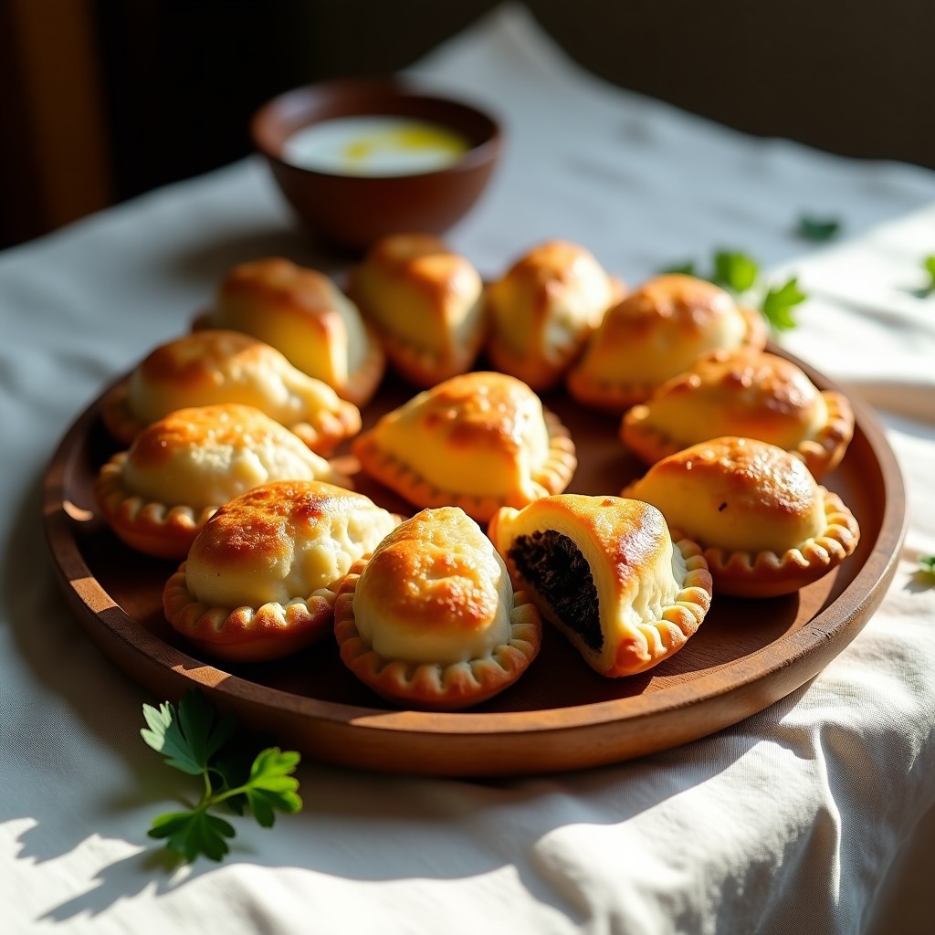 Empanadillas de pulpo y tinta de calamar doradas y crujientes, con un interior negro intenso, dispuestas en una fuente de madera rústica sobre un mantel de lino blanco. Receta de empanadillas galletas altas en hierro en Airfryer.
