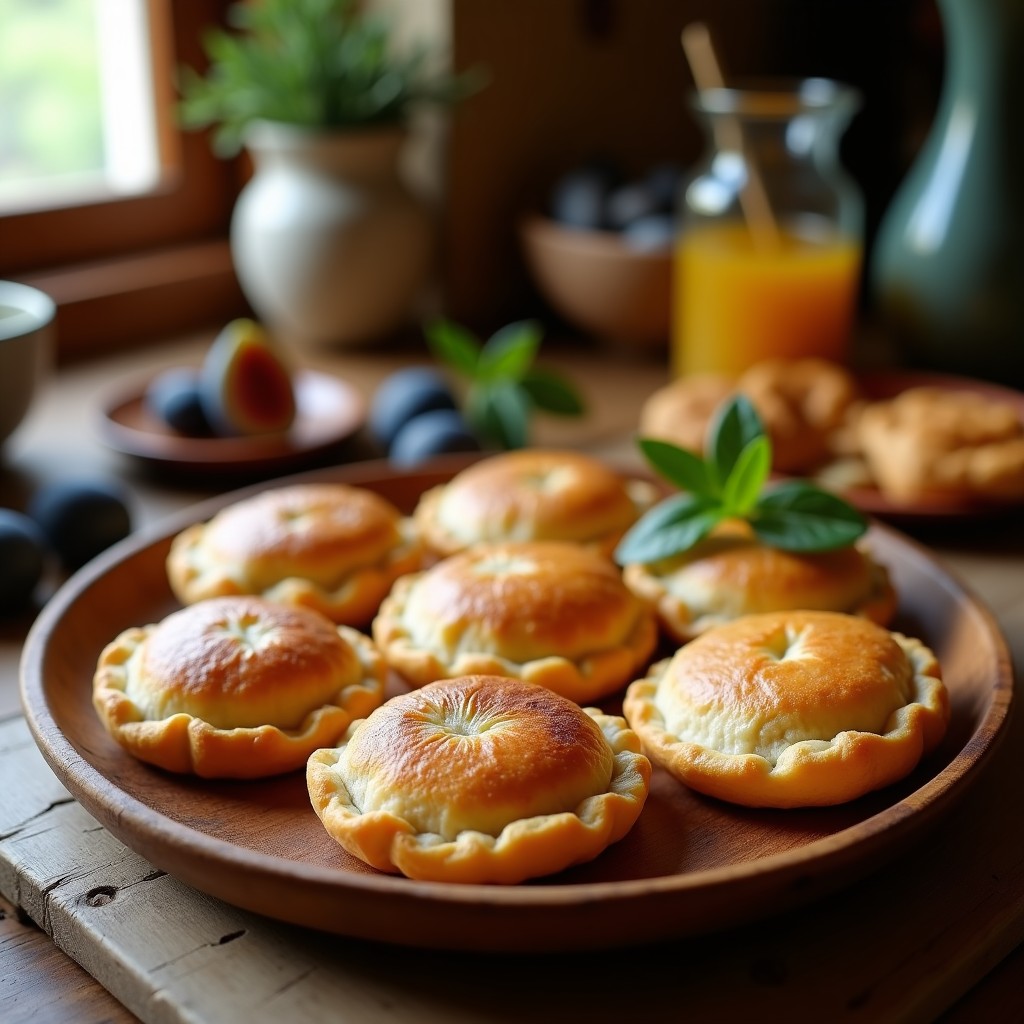 Empanadillas doradas y crujientes de queso azul y higo griego sobre un plato de cerámica blanca, con semillas de sésamo espolvoreadas y un fondo rústico de madera. Receta griega en airfryer con masa de almendra.