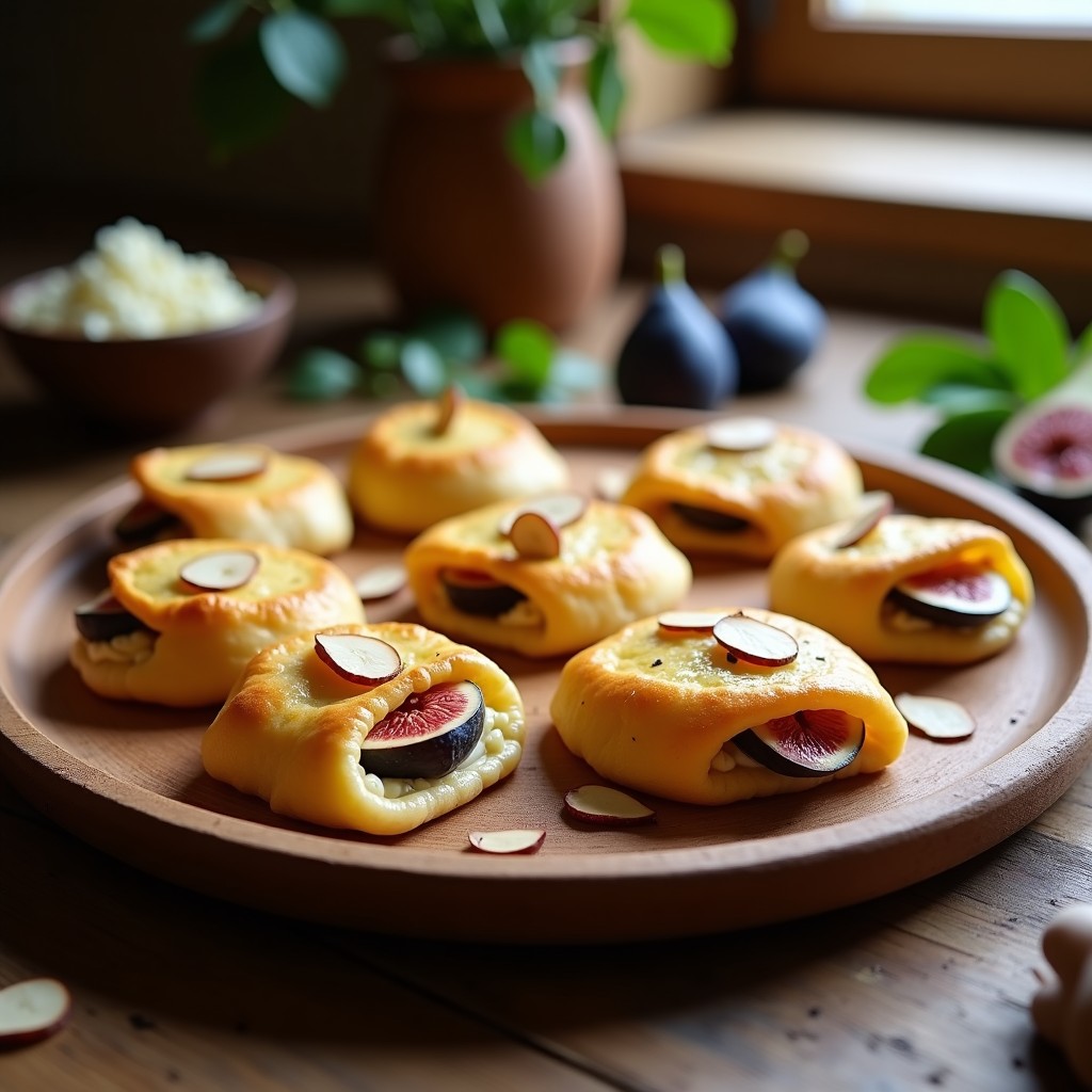 Empanadillas doradas y crujientes de queso azul y higueras con masa de almendra, servidas en una tabla de madera rústica con un hilo de miel y nueces picadas al lado. Receta española sin gluten.