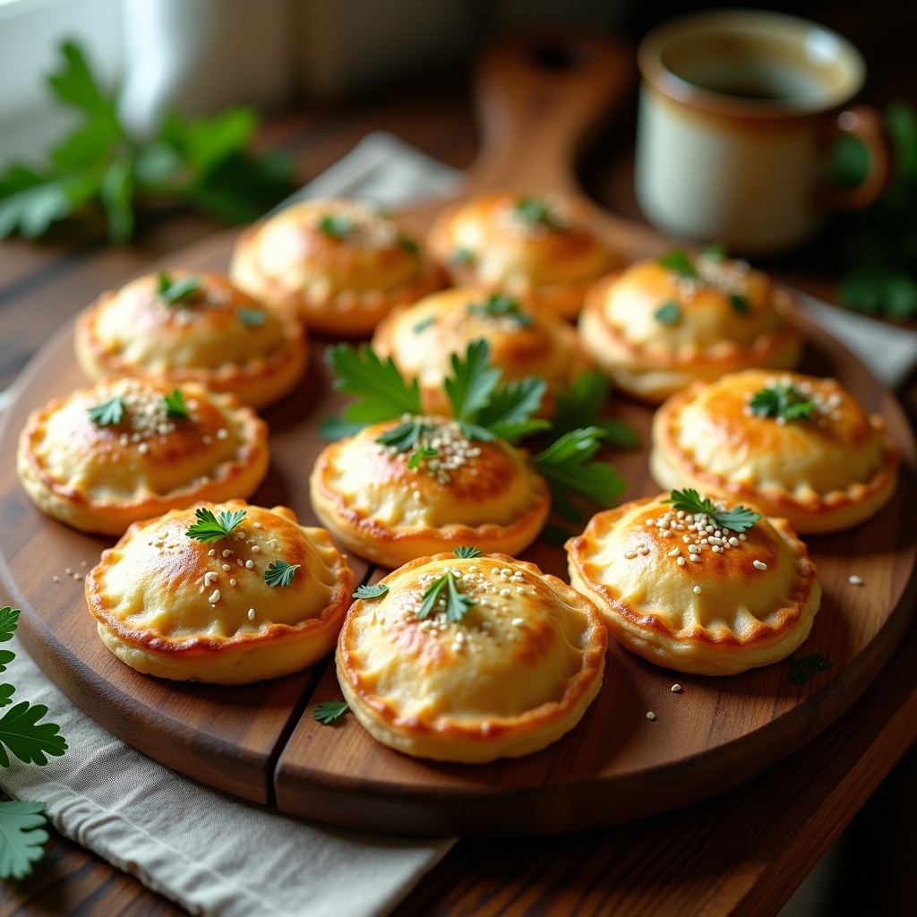 Empanadillas griegas sin gluten de queso feta y espárragos con masa de garbanzo, doradas y crujientes, servidas en bandeja de madera con semillas de sésamo y perejil fresco.