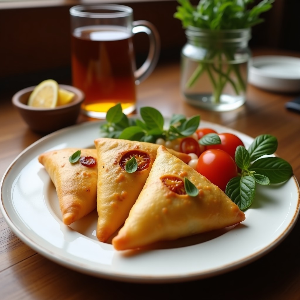 Empanadillas doradas y crujientes de queso feta y higos sobre una bandeja de madera rústica, con semillas de sésamo espolvoreadas y un hilo de miel de tomillo. Aperitivo griego en Thermomix listo para servir.
