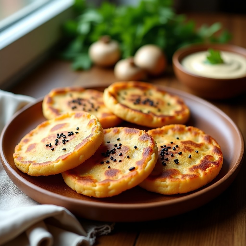Empanadillas doradas y crujientes de masa de quinoa rellenas de hongos shimeji, servidas en un plato de madera con romero fresco y aceite de oliva, receta sin gluten en airfryer.