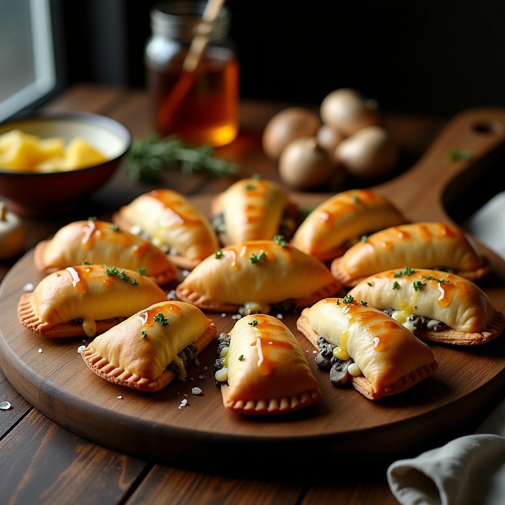 Empanadillas doradas y crujientes rellenas de hongo shitake y queso azul, servidas en bandeja de madera con hilo de miel y tomillo fresco.