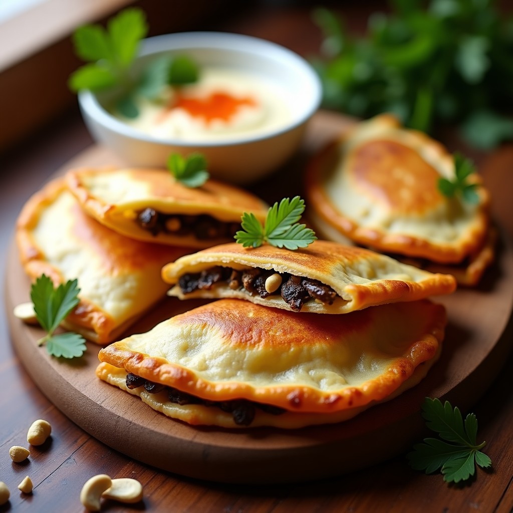 Empanadillas doradas y crujientes rellenas de setas portobello y queso de anacardo, servidas en un plato de madera rústico con hojas de cilantro fresco y un bol pequeño de salsa vegana al lado. Receta vegana en airfryer.