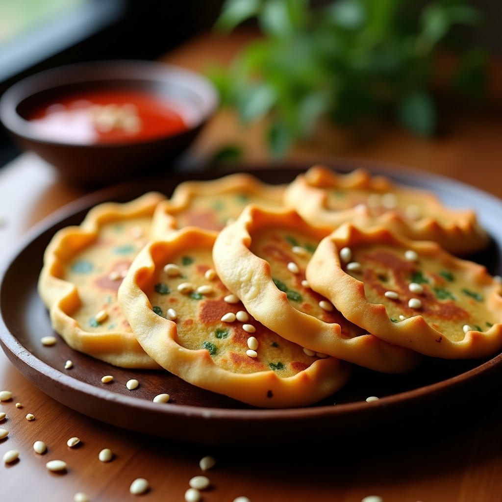 Empanadillas doradas y crujientes de soro y ebly con vetas verdes, servidas en un plato de madera oscuro con salsa de ciruela umeboshi de color rojo intenso espolvoreada con semillas de sésamo. Receta africana vegana en airfryer.
